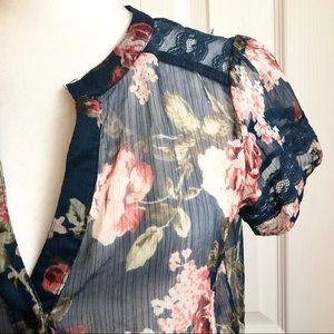 Sheer Navy Floral Lace Button Up Blouse 🌸 FANG